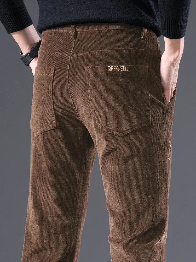 Men's Corduroy Slim Casual Pants 2024 Autumn New Coffee Fashion Stretch Straight Trousers Solid Color Male Clothes