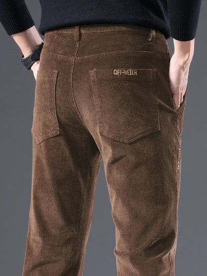 Men's Corduroy Slim Casual Pants 2024 Autumn New Coffee Fashion Stretch Straight Trousers Solid Color Male Clothes