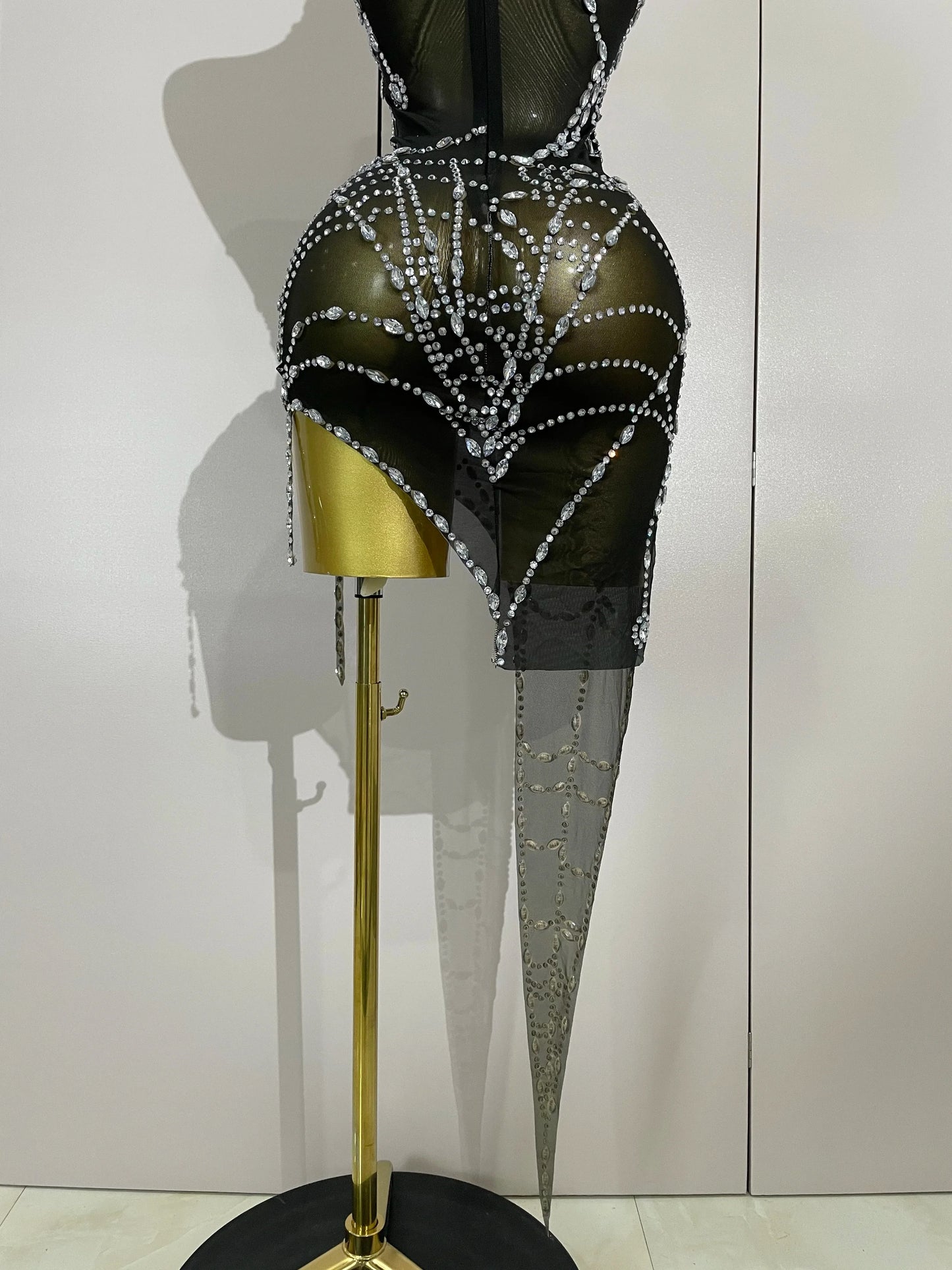 Sparkly Diamond Sexy Mesh Asymmetric Bodycon Mini Dress Women Nightclub Bar Party Show Gogo Dancer Clothing Stage Costume