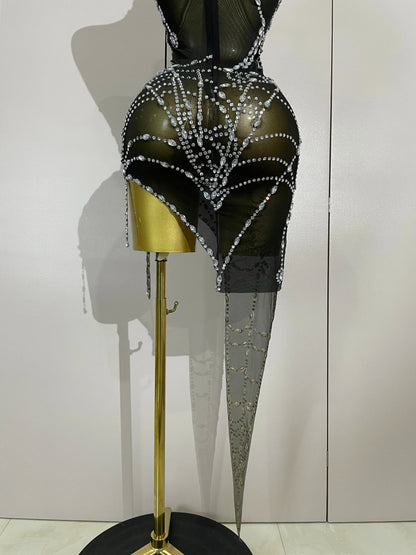 Sparkly Diamond Sexy Mesh Asymmetric Bodycon Mini Dress Women Nightclub Bar Party Show Gogo Dancer Clothing Stage Costume