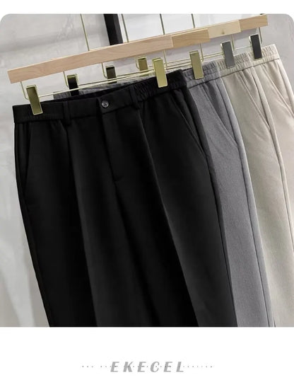 Men's Woolen Straight Leg Casual Pants Autumn Winter Thickened Fashionable Nine Point Pants mid Waist Pure Color Anti-Wrinkle