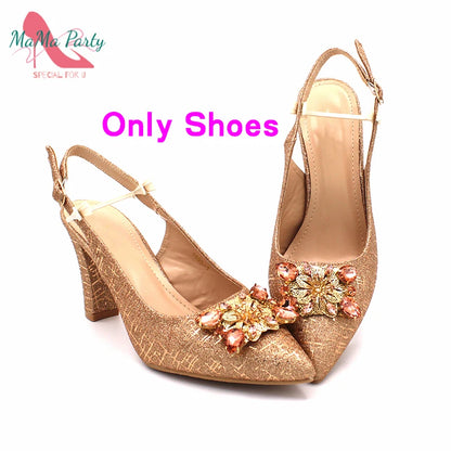 Classics Italian Design Shoes and Bag Set in Orange Color Comfortable Heels Pointed Toe Pumps for Wedding Party