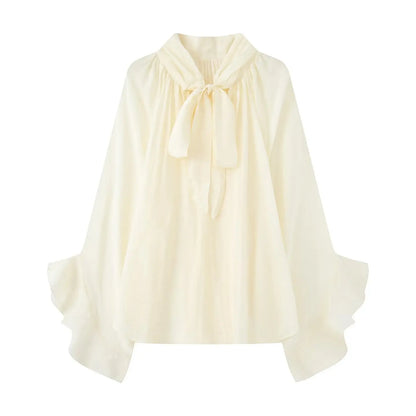 Bow DecorationLoose Long Sleeved Blouses For Women New Fashion Ruffle Edge Shirts and Blouses Woman Top