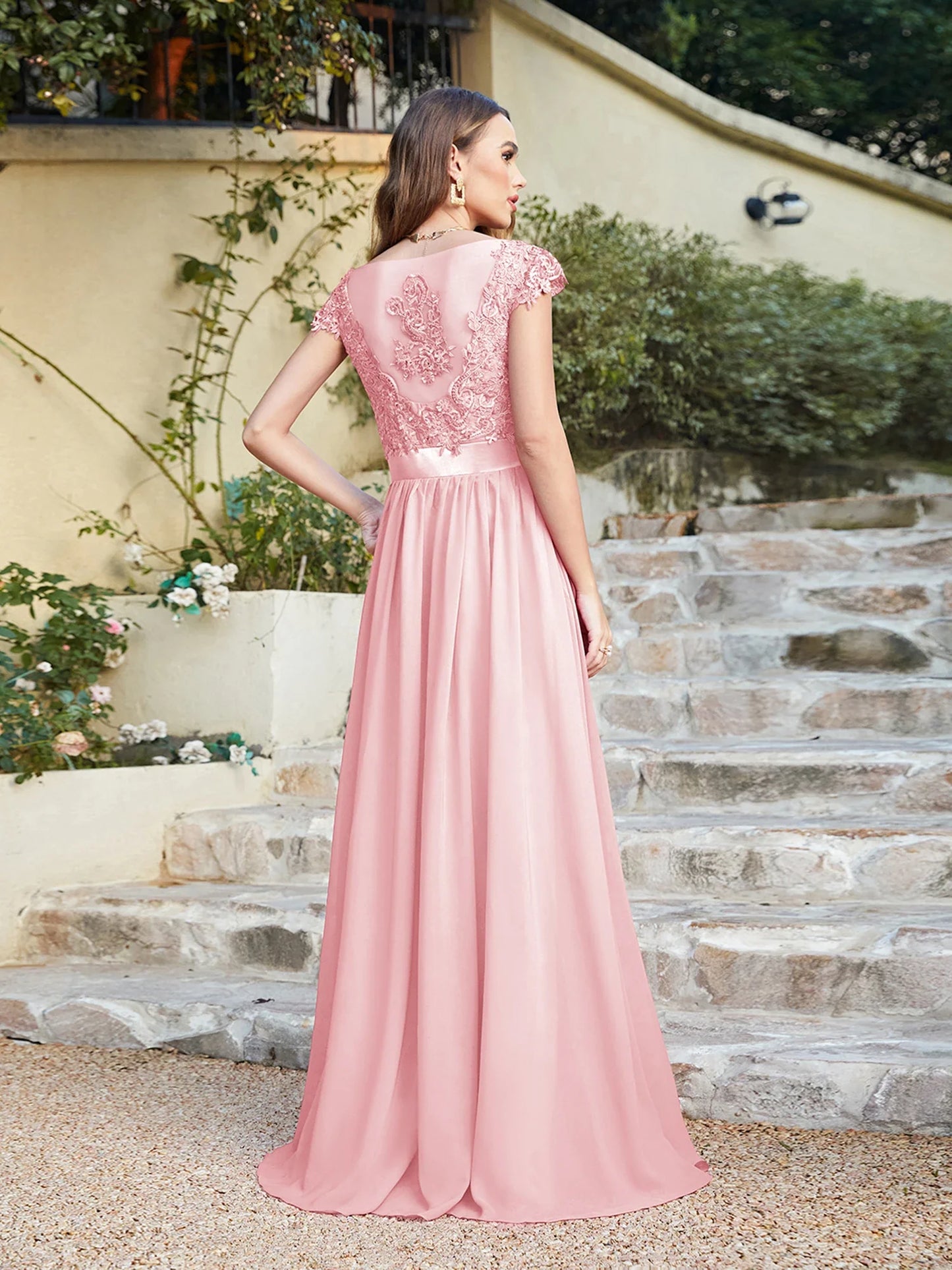 A-line V Neck Sleeveless Floral Lace Chiffon Back Hollow Long Paty Bridesmaid Dress Women 2024 For Wedding Sexy Evening Dress