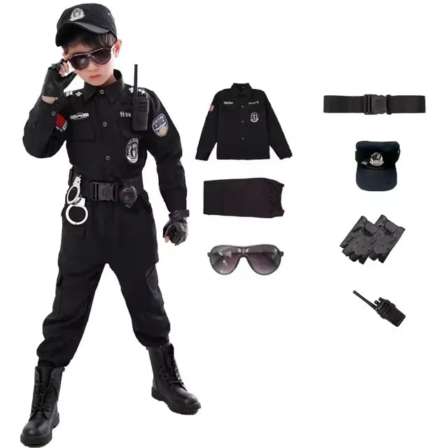 Children Halloween Policeman Cosplay Costumes Kids Carnival Police Uniform 110-160cm Boys Army Policemen Soldier 7 Pcs/Sets