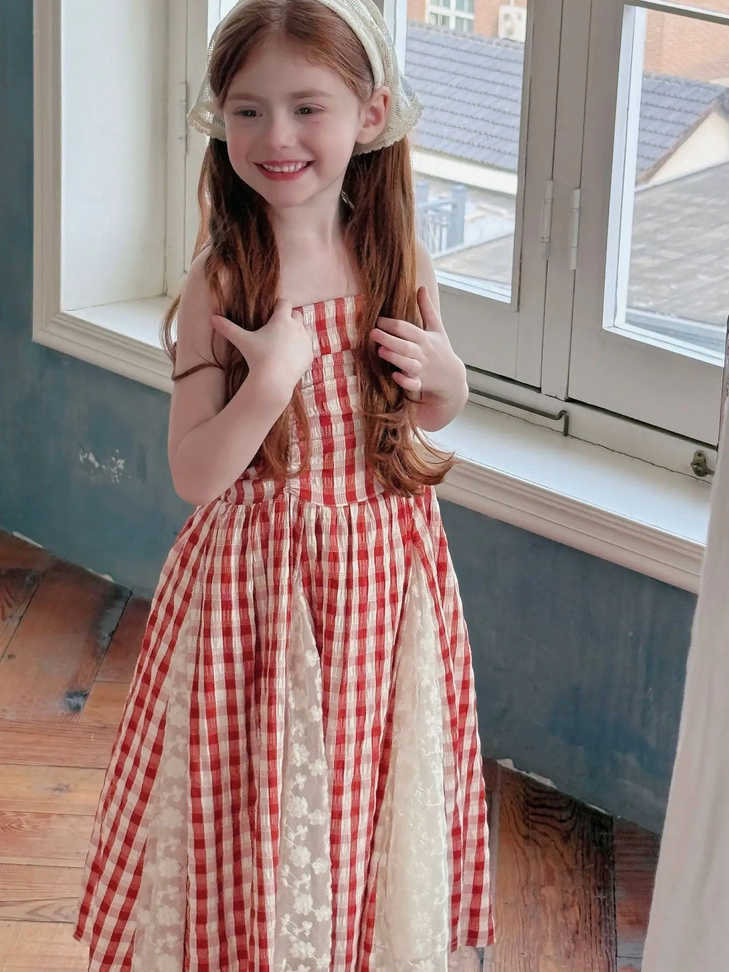 2025 Summer New Children Fairy Long Dress for Girls French Red Checkered Lace Splicing Lace Strap Dress