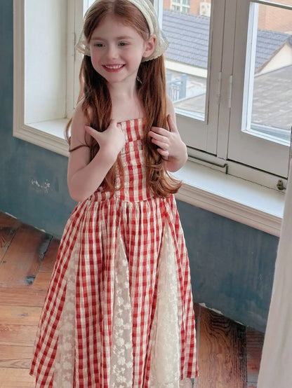 2025 Summer New Children Fairy Long Dress for Girls French Red Checkered Lace Splicing Lace Strap Dress