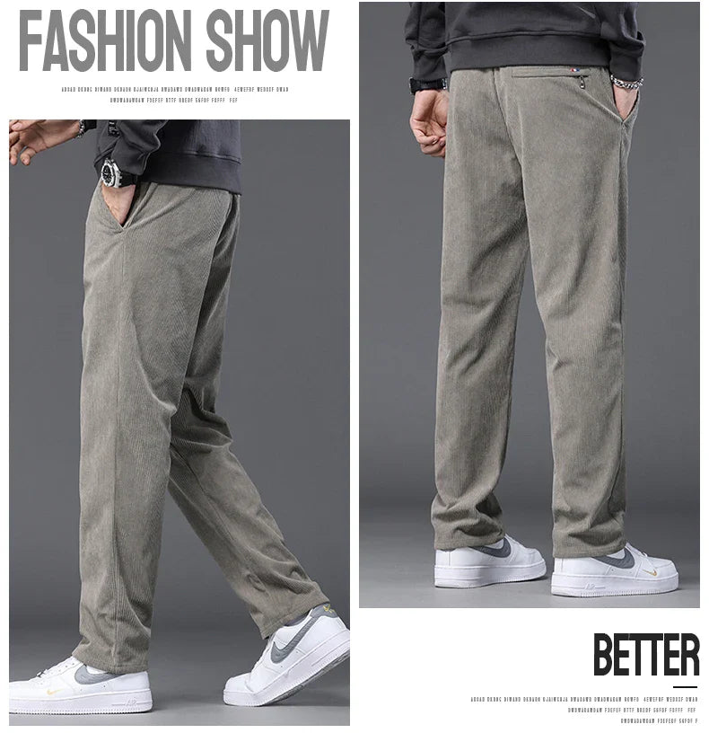 Straight Corduroy Classic Male Pants Khaki Black Gray Baggy Fashion Elastic Waist Trousers Soft Stretchy Casual Men's Clothing