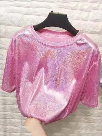 Summer woman tops shiny loose short sleeve t-shirt sexy club aesthetic harajuku women stylish bright silk tshirt