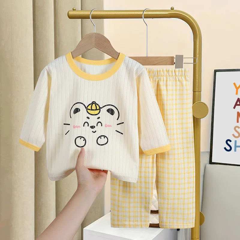 Cartoon Bear Print Tops+Trouser Fashion Home Clothing Boys And Girls Spring Summer 2024 New Sleepwear 2pcs Toddler Thin Suits