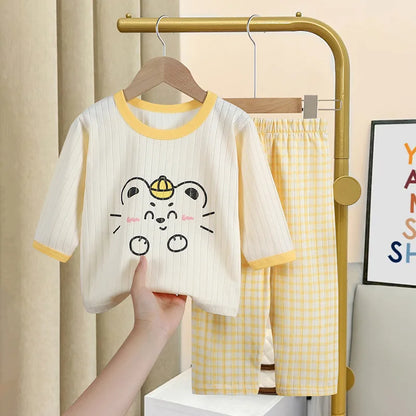 Cartoon Bear Print Tops+Trouser Fashion Home Clothing Boys And Girls Spring Summer 2024 New Sleepwear 2pcs Toddler Thin Suits