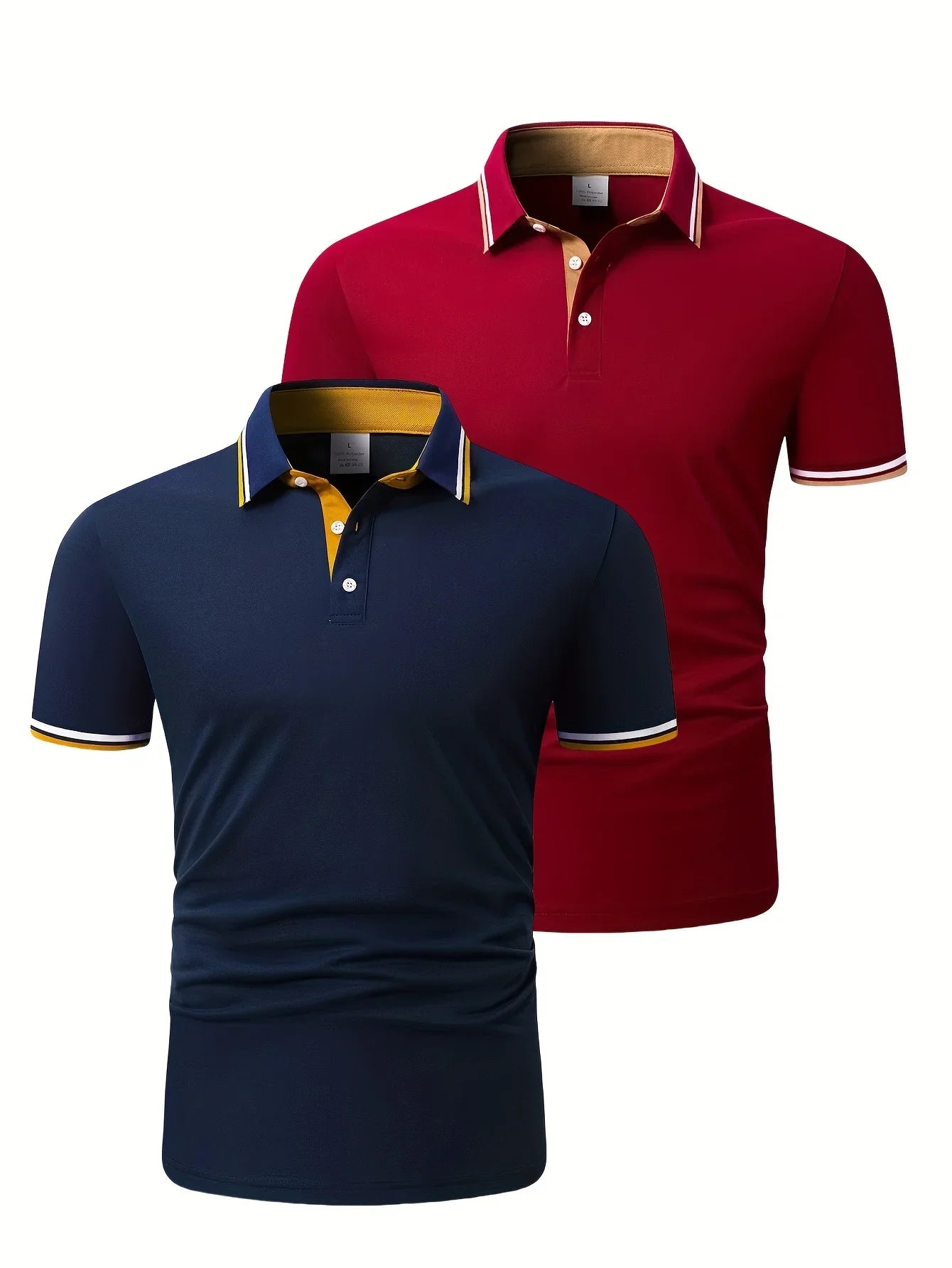 2pcs Men's Short-Sleeve Shirts with Contrast Collars - Lightweight Polyester, Pastel Blue & Pink, Turn- Collar, Button Closure,