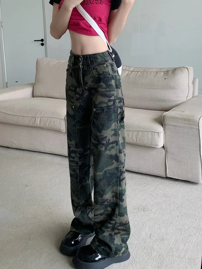 Calça Jeans Feminina Camuflada Vintage Outono Primavera
