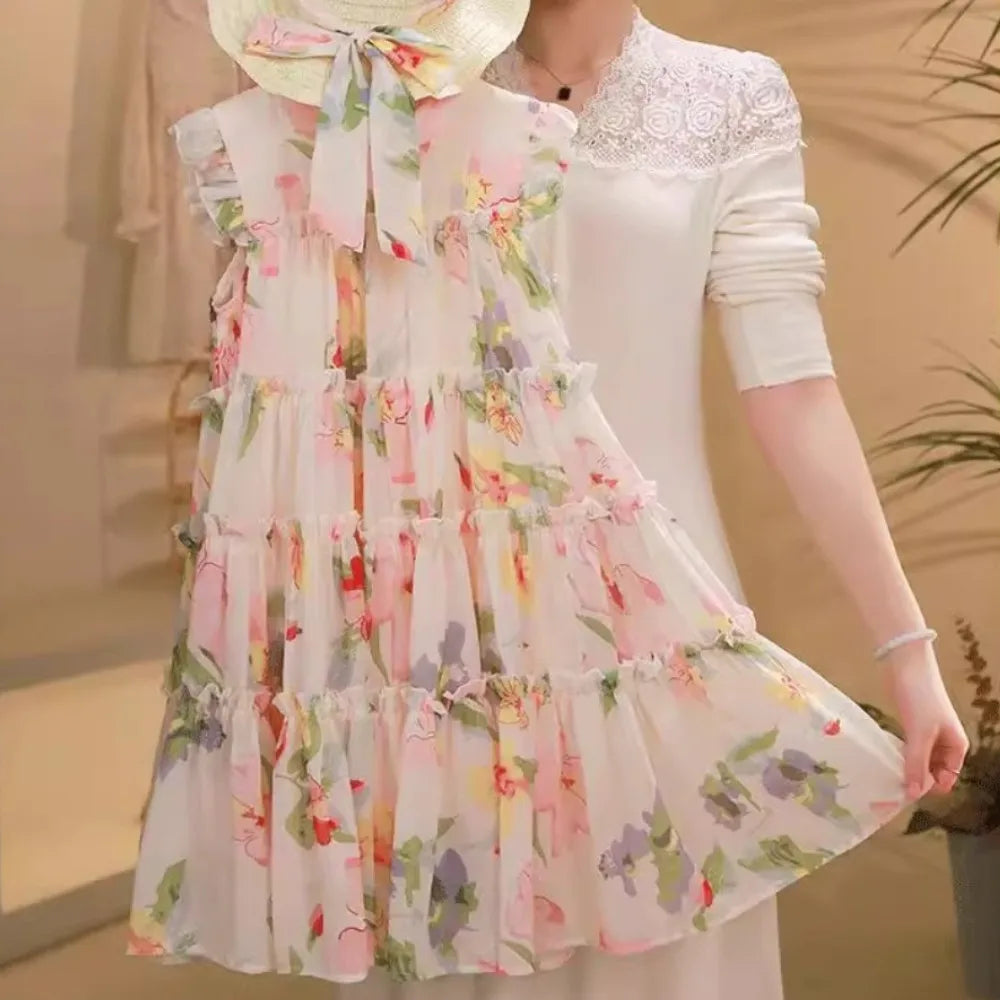 Girls Summer Party Sweet Fashion Clothes Sleeveless Print A-Line Layered Casual Dress 1 Pc 4-13 Years Kids Vacation Wear