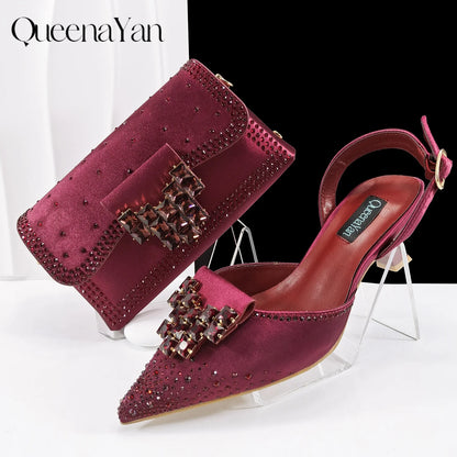 Elegant Coffee Color Pointed-Toe Italian Women's High-Heeled Shoe and Bag Set with Diamond Design for Parties