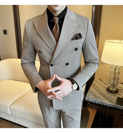 (Jackets+Pants) Luxury Double Breasted Design Slim Fit Suit High Quality Fashion Men's Wedding Social Suit Tuxedo 2 Piece Set
