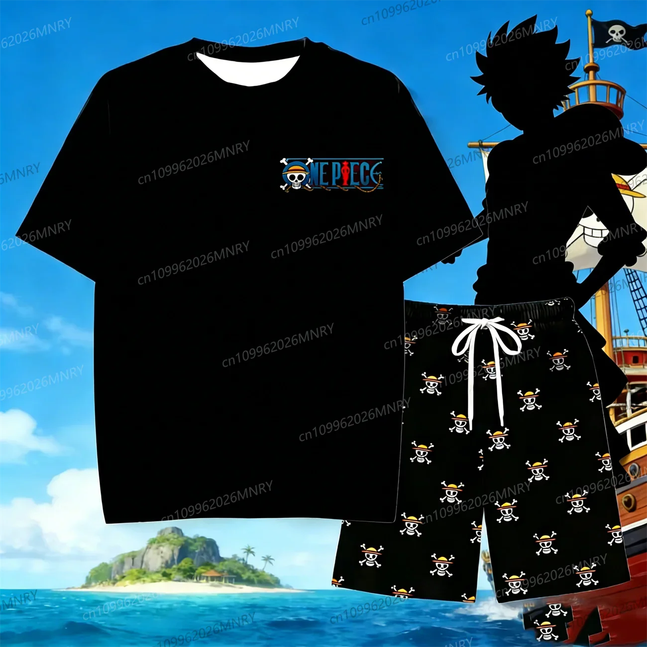 Anime Skull Character Sleepwear One Piece Luffy 2 piece Set men T-Shirt Shorts for Men's Shirts Woman t-shirts Summer Kids Set
