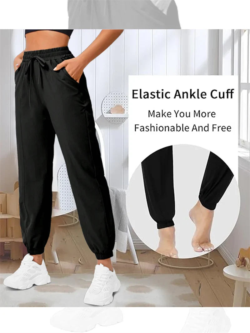 Loose running and fitness pants, women's side pockets, outdoor casual sports pants, ankle tied yoga pants