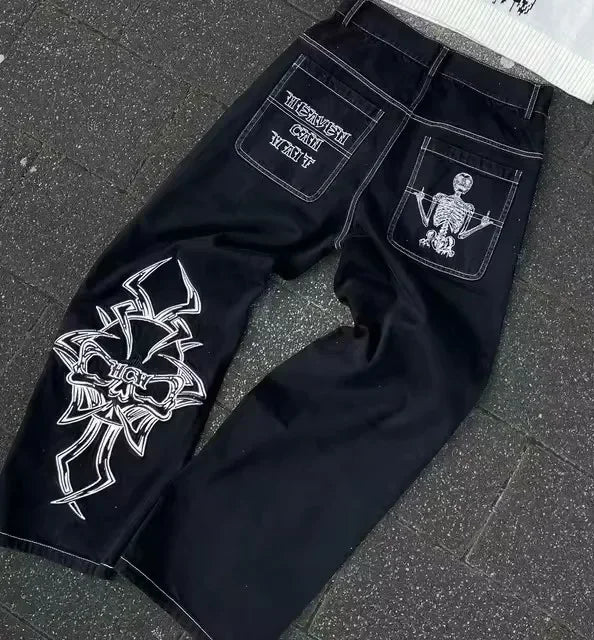 Calça Jeans Larga Retrô Azul com Bordado de Letras de Desenho Animado Hip Hop Harajuku Masculina Feminina Roupa Y2K Rock Cintura Baixa Perna Larga