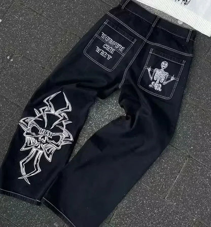 Calça Jeans Larga Retrô Azul com Bordado de Letras de Desenho Animado Hip Hop Harajuku Masculina Feminina Roupa Y2K Rock Cintura Baixa Perna Larga