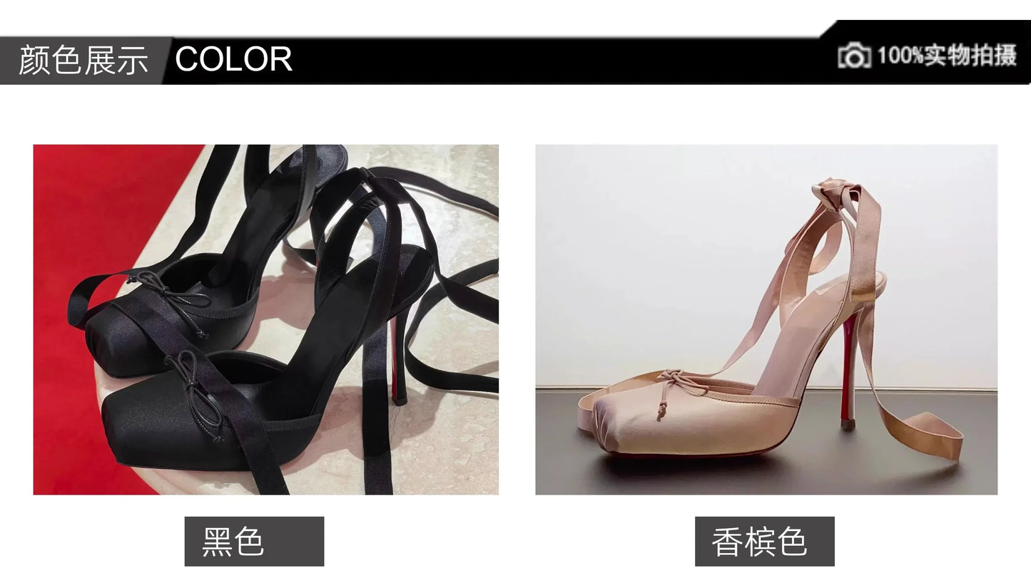 New style high heels with straps, satin toe cover, hollow square bow, thin heel, ballet style single shoes35-46