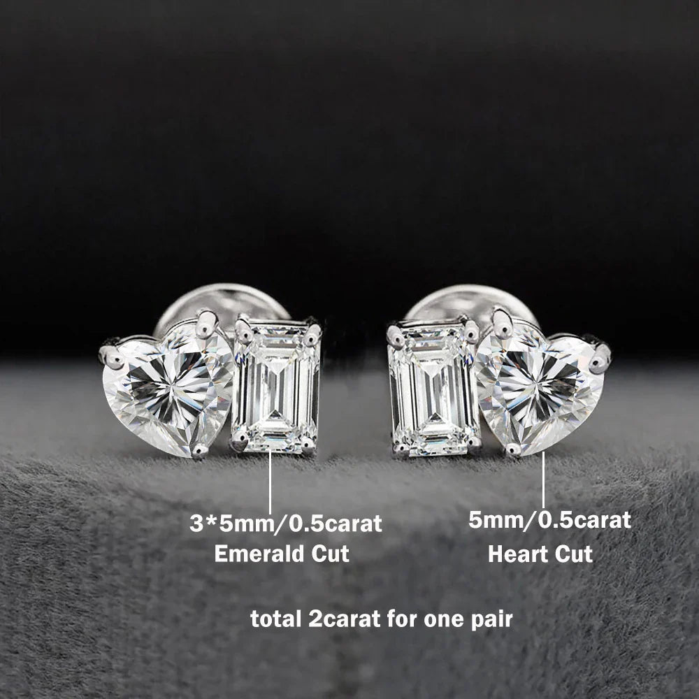 4cttw Heart & Emerald Moissanite Diamond Stud Earrings with Certificates 925 Sterling Silver Ear Studs Fine Jewelry for Women