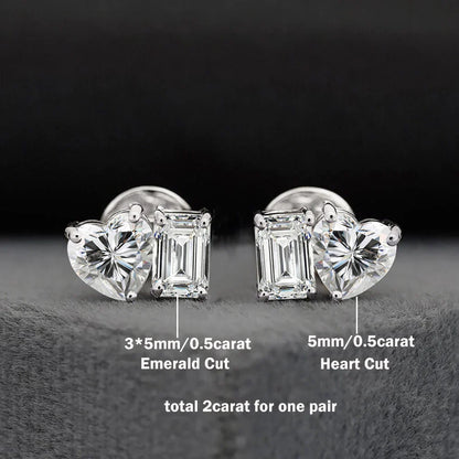 4cttw Heart & Emerald Moissanite Diamond Stud Earrings with Certificates 925 Sterling Silver Ear Studs Fine Jewelry for Women