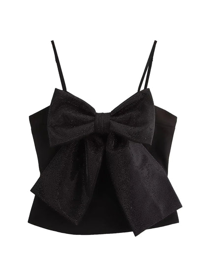Sequined Bow Women Sling Top Sexy Backless Crop Top Pleated Zippers Female Tank Tops 2025 Spring Lady Streetwear Tops