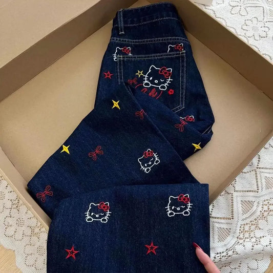 American Style Y2K Hello Kitty Denim Pants Sanrios Anime Girls Jeans Kawaii New Women Summer Cat Embroidered Slim Straight Pants