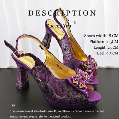 INS Purple Rhinestone-Embellished and Colorful Striped Design Party Wedding Peep Toe Bigger Size Ladies High Heels and Bag Set