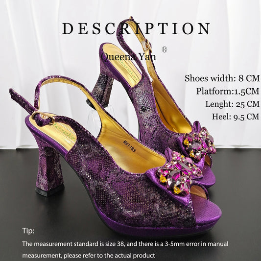INS Purple Rhinestone-Embellished and Colorful Striped Design Party Wedding Peep Toe Bigger Size Ladies High Heels and Bag Set