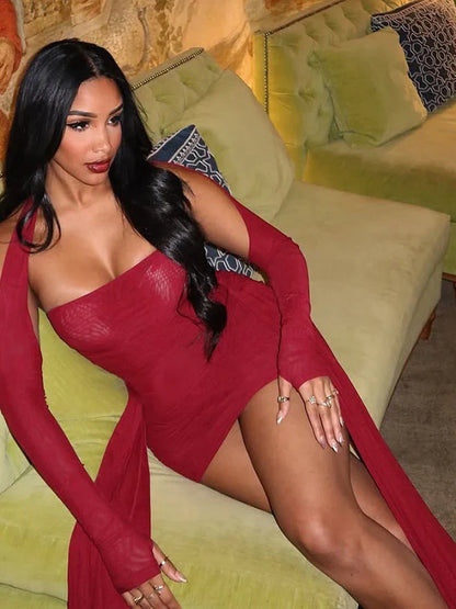 Mesh Simple Women Mini Dress Fashion Solid Strapless Ribbons Tassel Body-shaping Vestidos+Seperately Full Sleeve Gloves