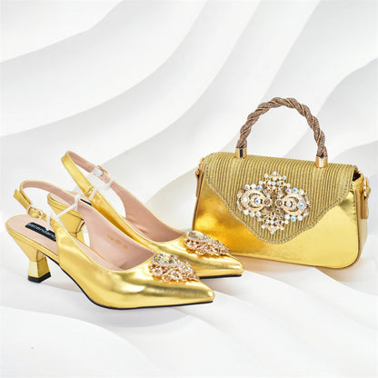 New Fashion Women Shoes and Bags To Match Set Nigeria Party Nigeria Italian Shoes and Matching Bags Decorated with Rhinestone