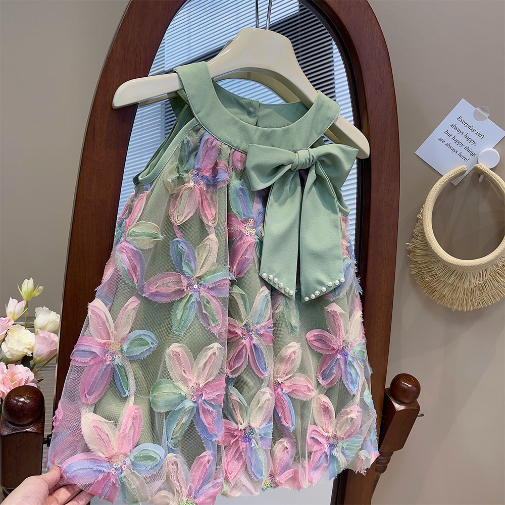 Girl Dress 2025 Summer New Girl Dress Princess Dress Little Girl Fashion Colorful Flower Yarn Dresses Kid Clothes