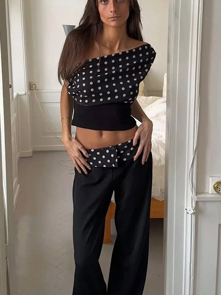 Puss Polka Dots Print T-Shirts Women Summer Trend Skew Collar Off Shoulder Backless Street Fashion Trend Ruched Crop Tops