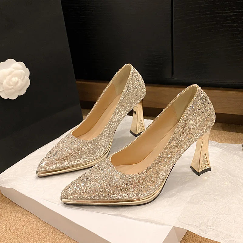 Sapatos Femininos de Paetê da Moda 2024 Novos Sapatos Femininos Bico Fino Boca Rasa Conforto Salto Alto Feminino primavera outono