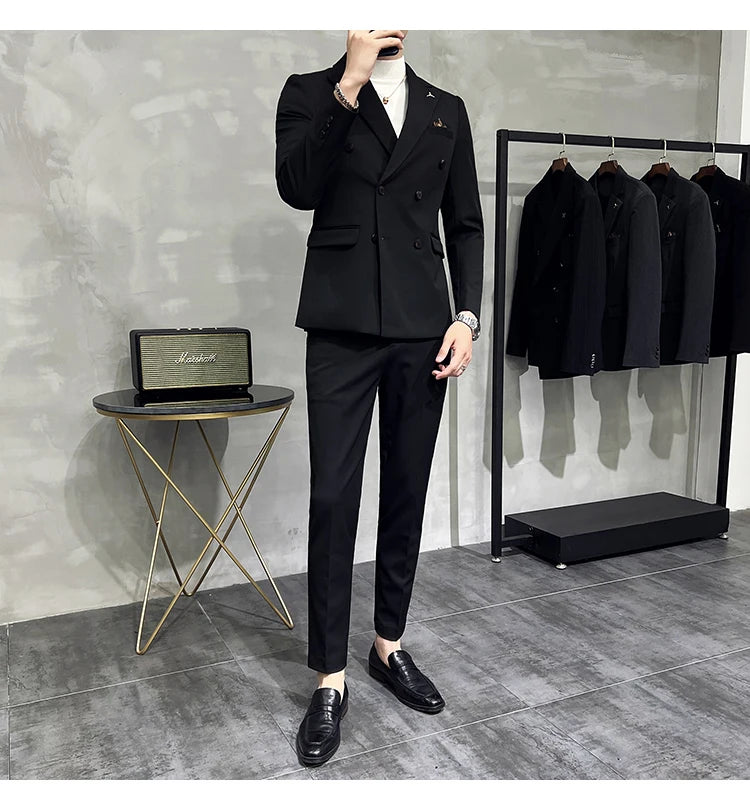 ( Blazers + Pants ) Boutique Fashion Solid Color Double-breasted Men's Casual Business Slim Suit 2-piece Set Groom Wedding Dress