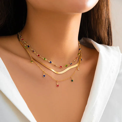 Trendy MultiLayered Color Crystal Chain Choker Necklace for Women Boho Flat Snake Chain Clavicle Short Necklace