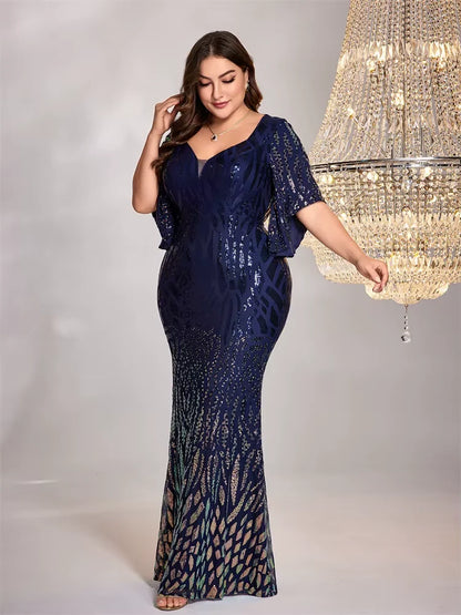 Plus Size Elegant Flare Sleeve Sequin Evening Dress Women Floor Lenght Maxi Wedding Party Mermaid Prom Cocktail Dress