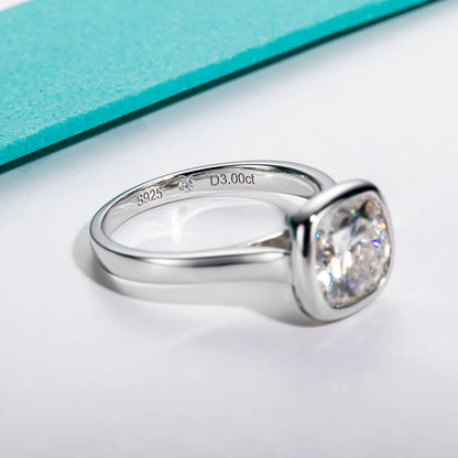 3ct D Color Cushion Cut Moissanite Bezel Engagement Wedding Ring 925 Sterling Silver Rings For Women Jewelry Wholesale
