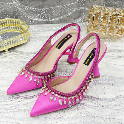 Pointed-Toe High Women Heels Shoes and Bags for Women Rhinestone Evening Party Elegant Luxury Handbag