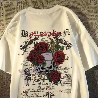 2025 New pure cotton American retro skull print T-shirt with round neck and short sleeve women summer European and American tops