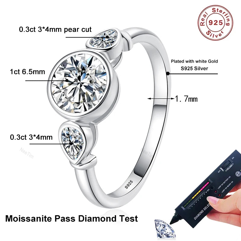 Pear Round Cut Full Moissanite Ring for Women 925 Sterling Silver with White Gold Plated Lab Diamond Rings Wedding Band