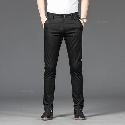New Men's Business Straight Striped Casual Pants High Quality British Fashion Soft Elastic Trousers Black White Khaki Gray
