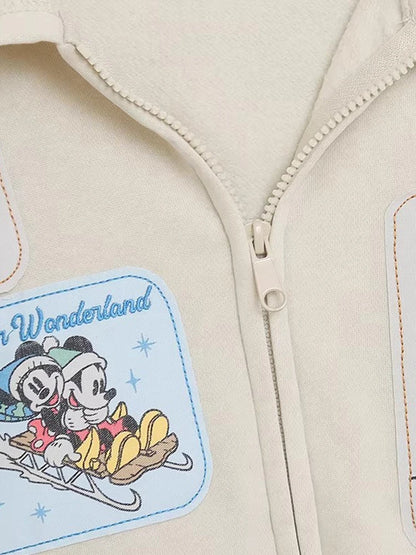 Mickey Mouse Family Patch Letter Cartoon Print Fleece Sweatshirt Jacket Unisex Women Hooded Zip Up Jumper Tops