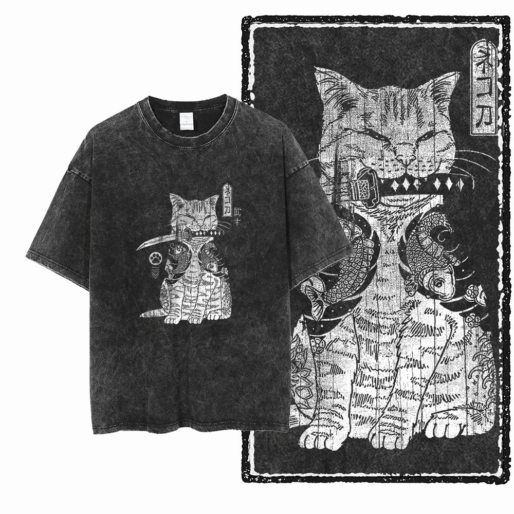 cat Printed Cotton Acid Washed Exclusive Graphic Unisex T Shirt Cool Streetwear Men Tshirts Big Size Tee for men