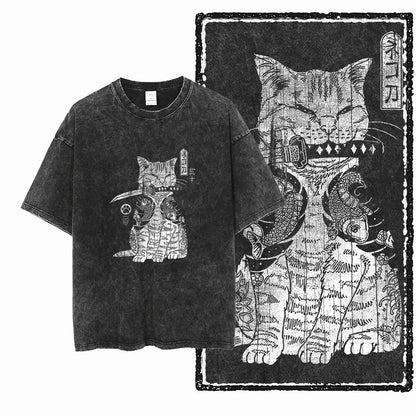 cat Printed Cotton Acid Washed Exclusive Graphic Unisex T Shirt Cool Streetwear Men Tshirts Big Size Tee for men