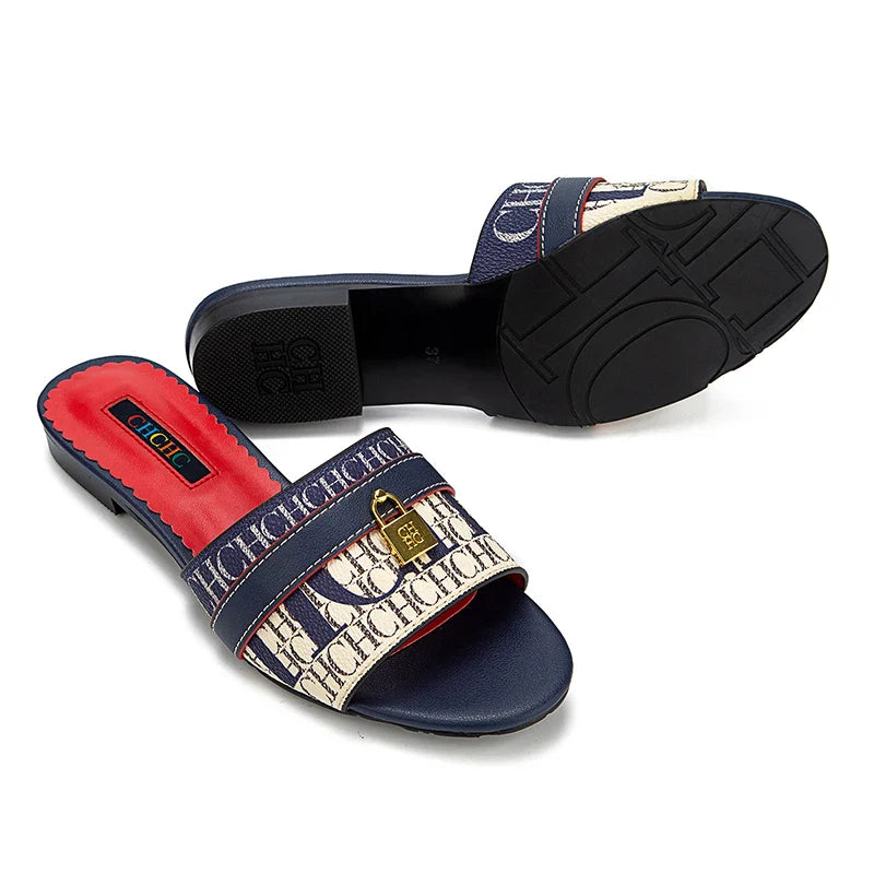 High Quality Metal Lock Monogram Print Women's Low Heeled Slippers Delicate and Versatile Women's Fashion Slippers