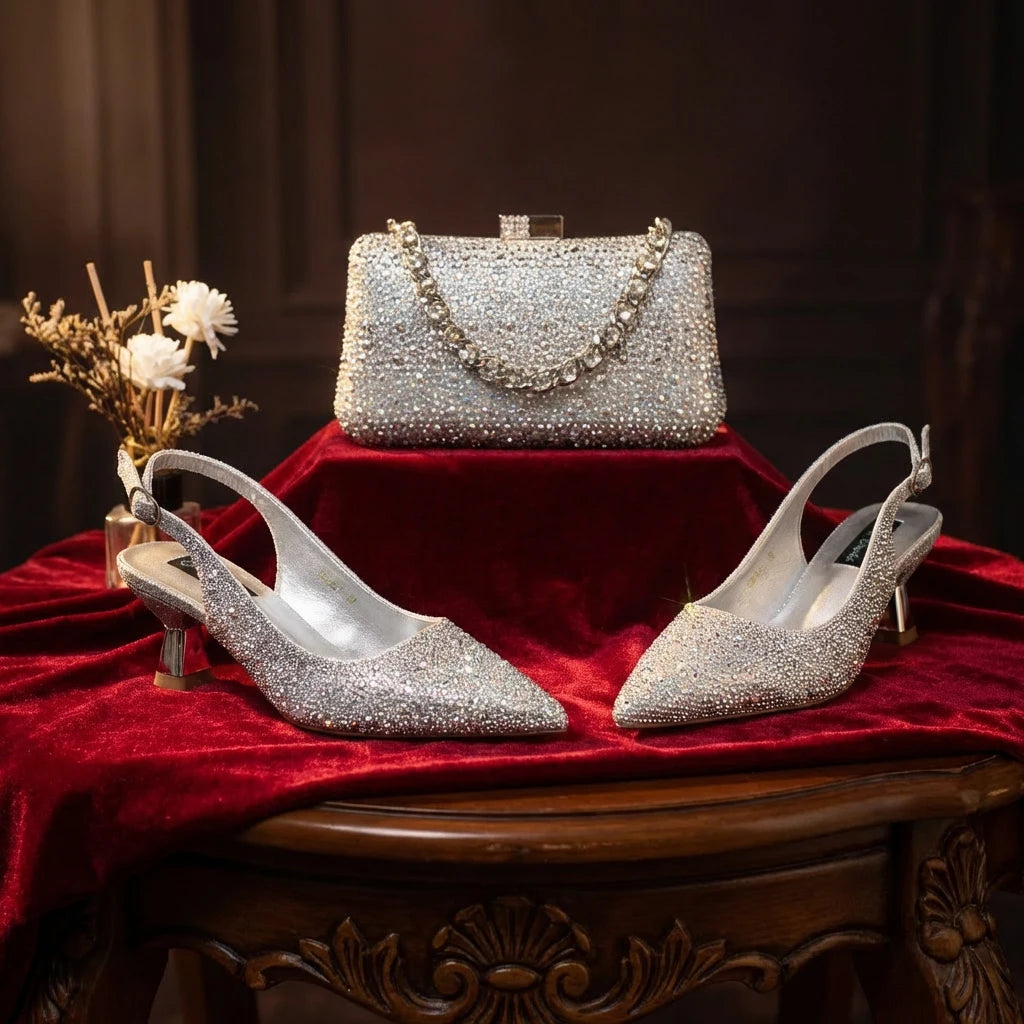 Nigerian Women Heel Ladies Italian Luxury Design Green Shoes And Bag Set Decorated with Rhinestone Handbag Wedding Party