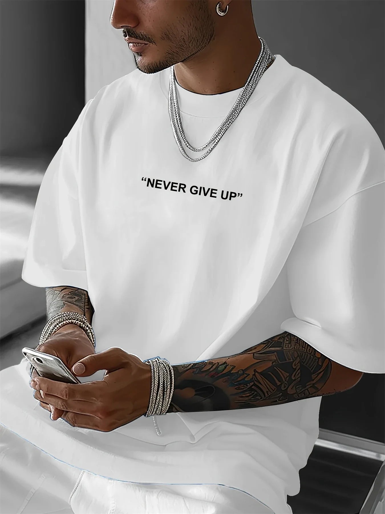 Men's summer 100 cotton fashionable casual loose plus size never give up graphic printed sports round neck short sleeved T-shirt